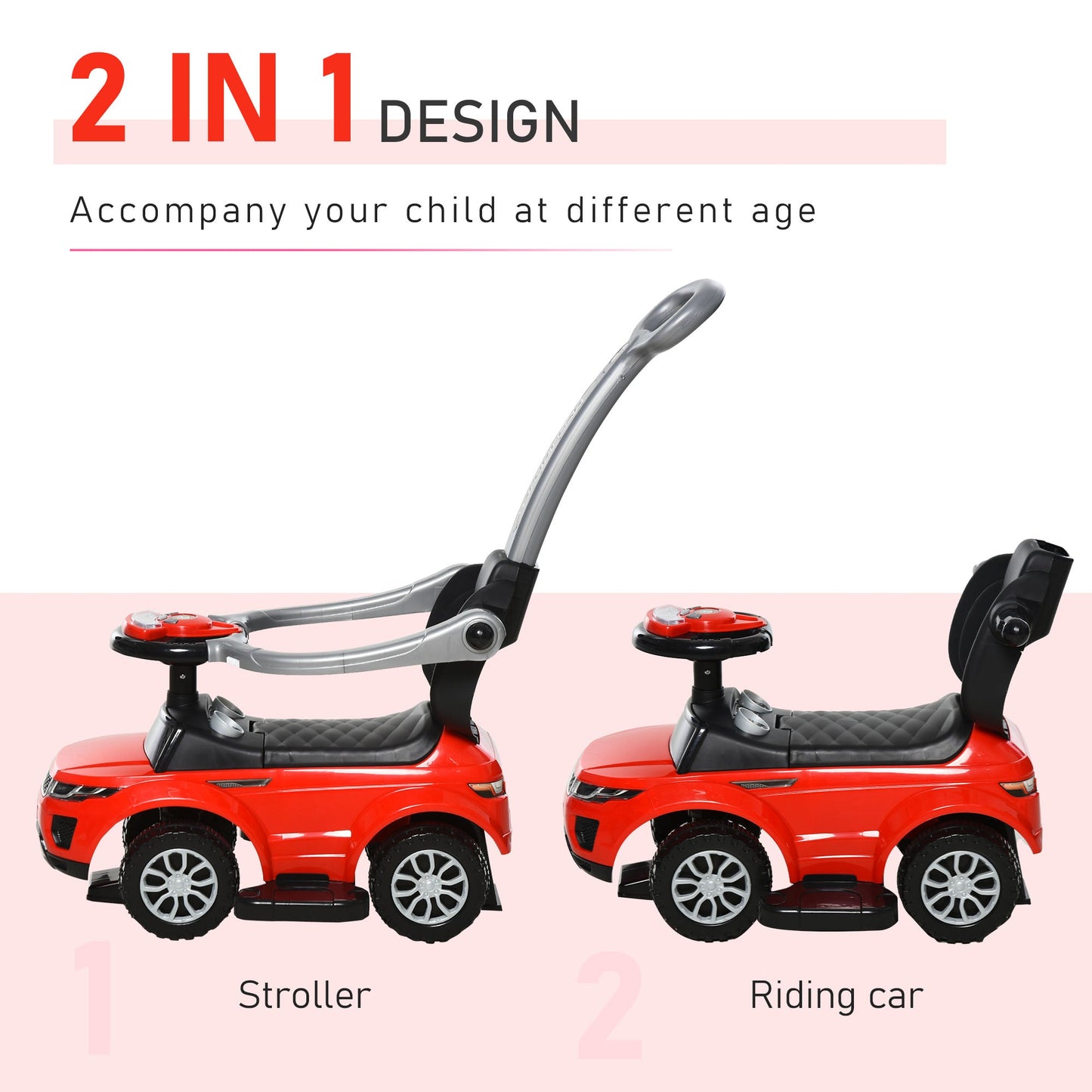 2 In 1 Push Cars for Toddlers Kid Ride on Push Car Stroller Sliding Car with Horn Music Light Function Secure Bar Ride on Toy for Boy Girl 1-3 Years Old Red