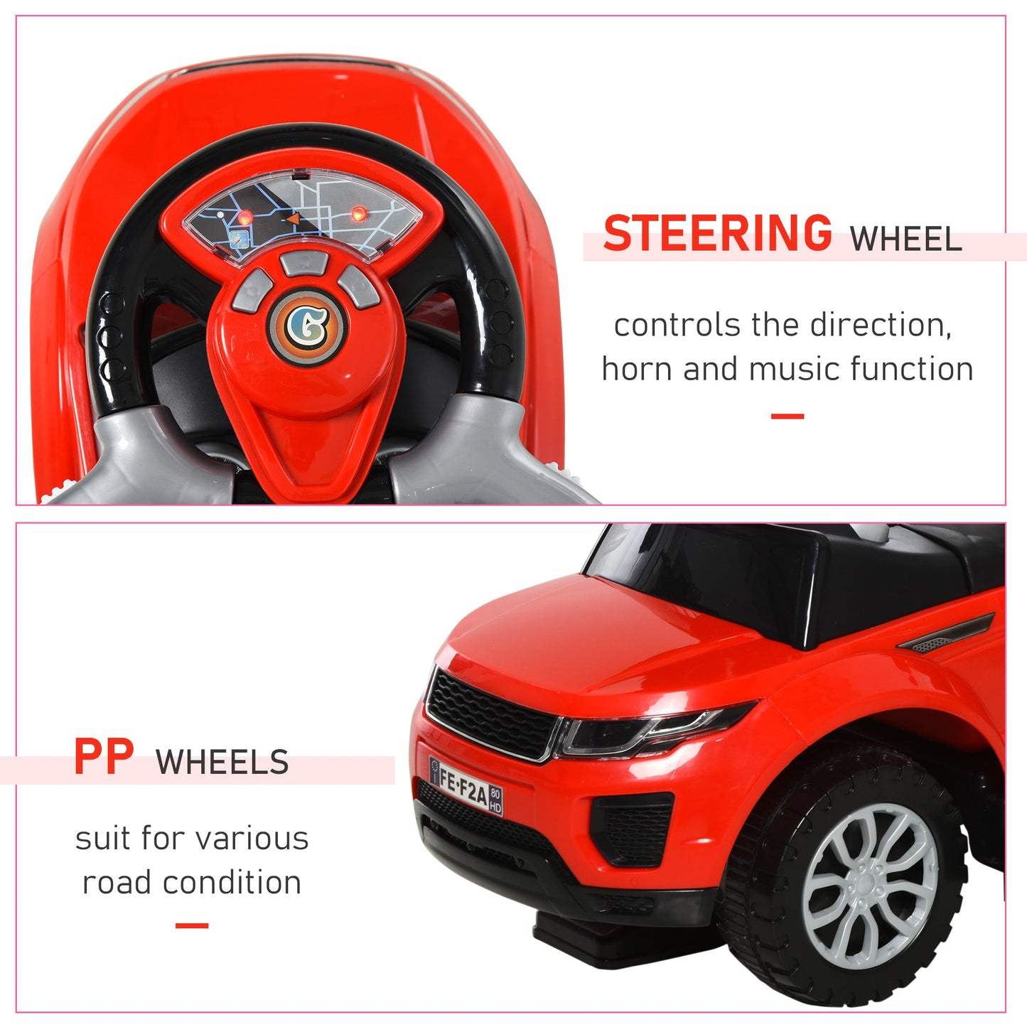 2 In 1 Push Cars for Toddlers Kid Ride on Push Car Stroller Sliding Car with Horn Music Light Function Secure Bar Ride on Toy for Boy Girl 1-3 Years Old Red