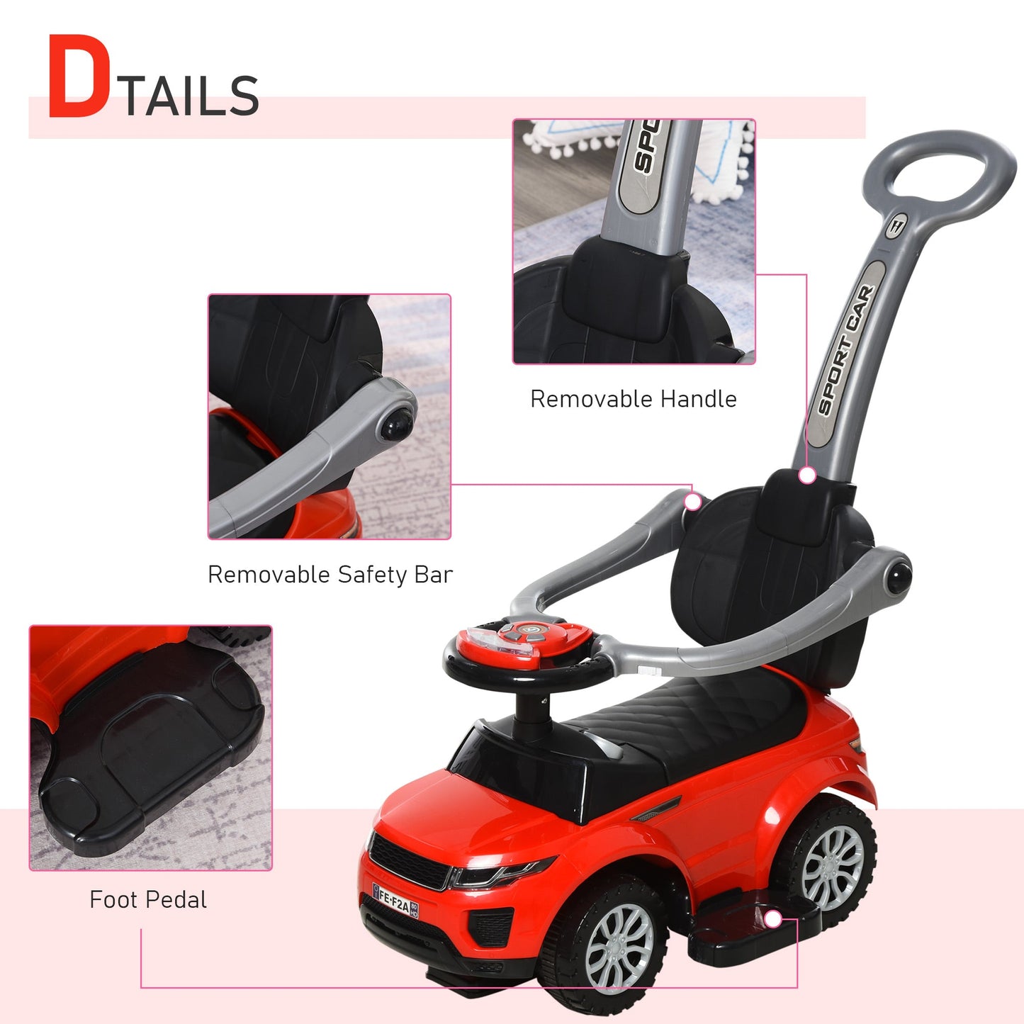 2 In 1 Push Cars for Toddlers Kid Ride on Push Car Stroller Sliding Car with Horn Music Light Function Secure Bar Ride on Toy for Boy Girl 1-3 Years Old Red